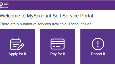 Home page of MyAccount. Welcome to MyAccount Self-Service Portal. Options for Apply for it, Pay for it and Report it.