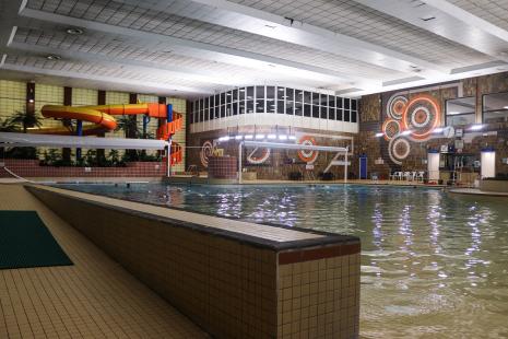 The pool at North Herts Leisure Centre with tube slide in background